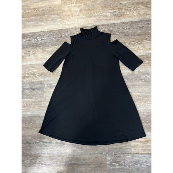 Clara Sun Woo Sz XS Black Mock Neck Cold Shoulder Slinky A Line Shift Dress USA - Picture 2 of 8